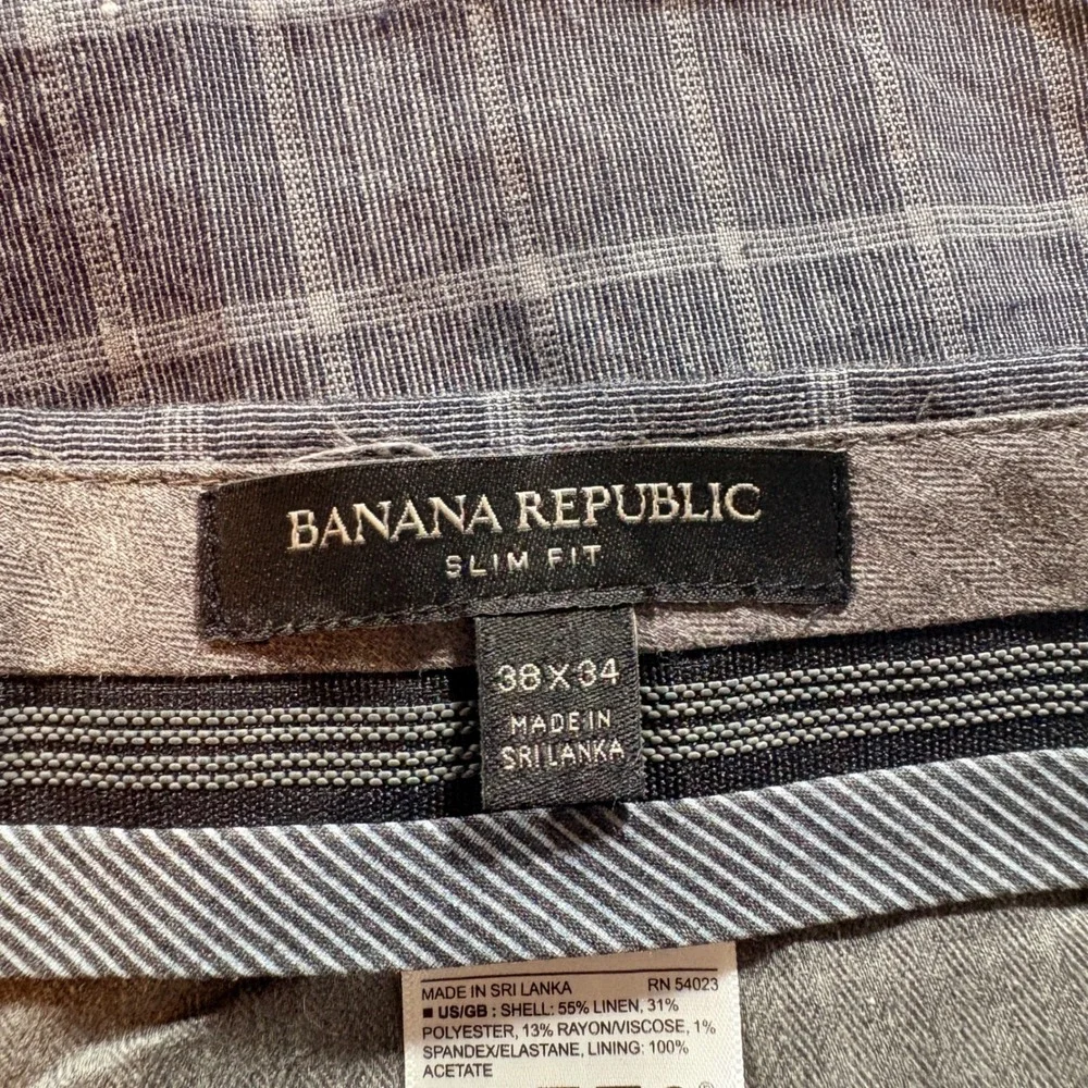 Banana Republic Plaid Dress Pants Mens 38x34 Slim Fit Grey Linen Blend Trousers
